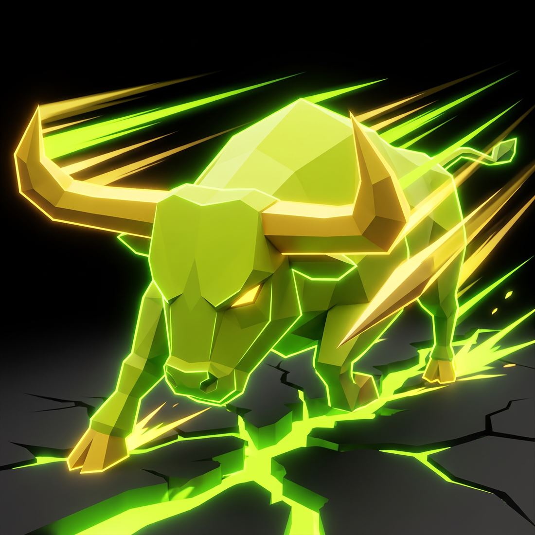 Low-poly neon bull charging across cracked ground