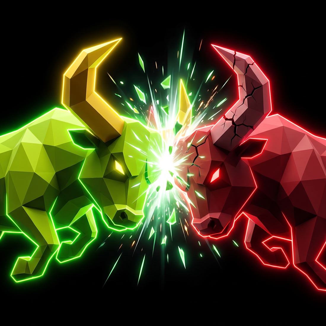 Green bull clashing head-on with a red bear