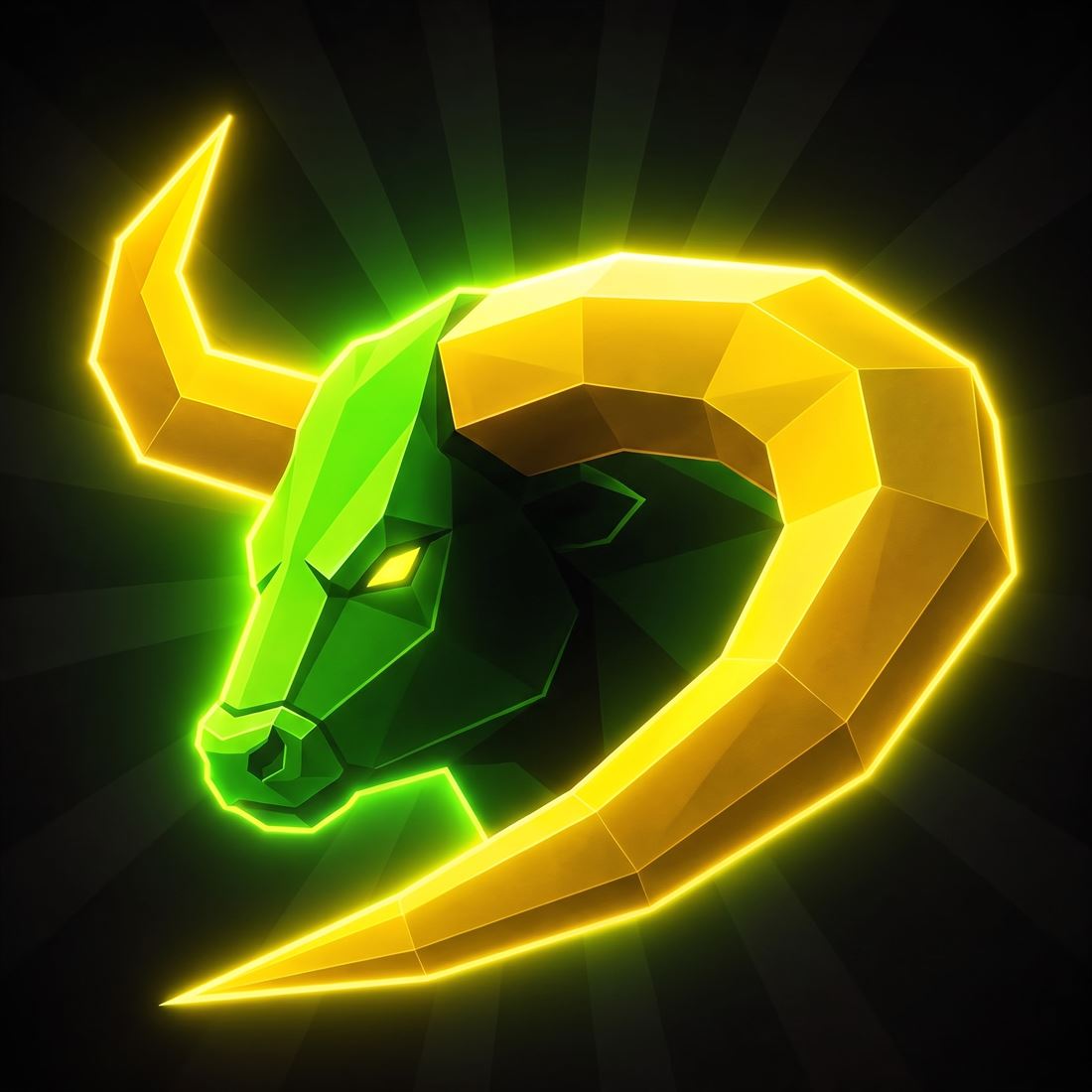 Side profile of a neon bull with an oversized golden horn
